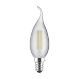 E14 bent-tip candle LED bulb with frosted glass finish and visible filament, chrome-tone metal screw cap, shown on a plain white background.