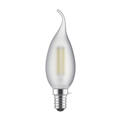 E14 bent-tip candle LED bulb with frosted glass finish and visible filament, chrome-tone metal screw cap, shown on a plain white background.