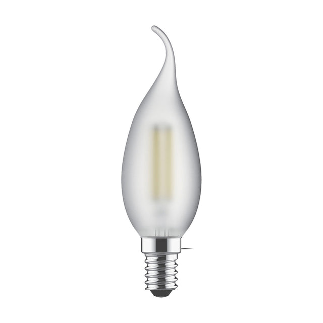 E14 bent-tip candle LED bulb with frosted glass finish and visible filament, chrome-tone metal screw cap, shown on a plain white background.