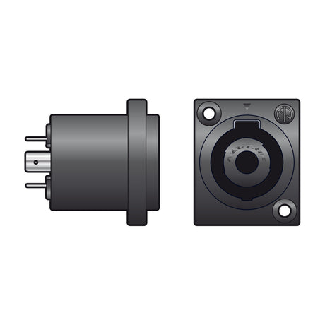Neutrik NL4MPXX 4-pole Speakon panel socket with square metal flange, shown in side and front views with solder terminals, on a white background.