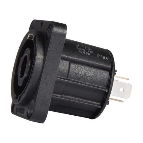 Neutrik NL4MPXX 4-pole Speakon panel socket with square black flange, twist-lock receptacle, and rear solder terminals on a white background.