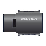 Neutrik NL4MMX 4-pole Speakon in-line coupler with black die-cast metal shell and male connectors on both ends, shown on a white background.