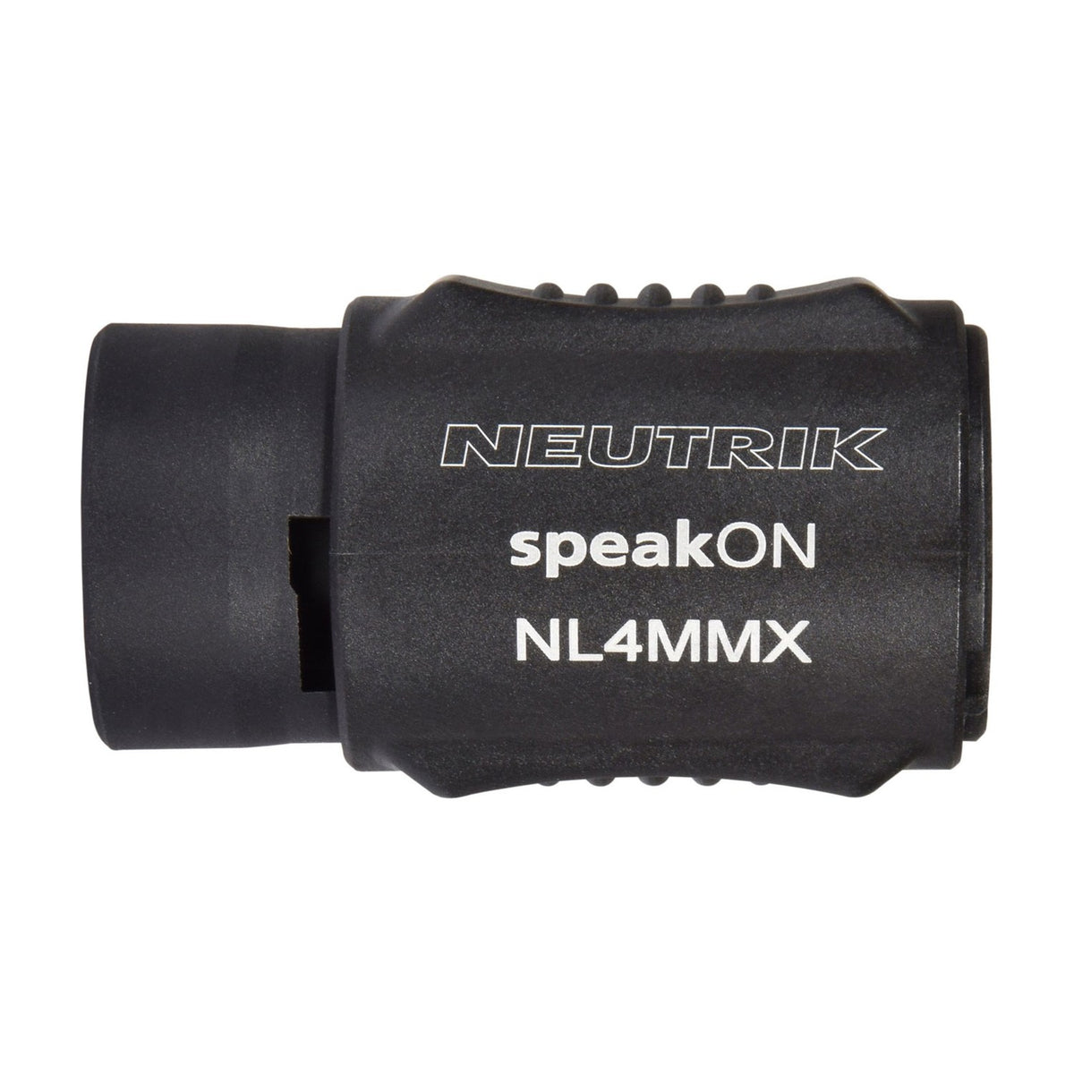 Neutrik NL4MMX 4-pole Speakon in-line coupler in black with twist-lock connector ends and ridged grip housing, shown against a plain white background.