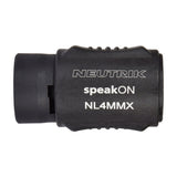 Neutrik NL4MMX 4-pole Speakon in-line coupler in black with twist-lock connector ends and ridged grip housing, shown against a plain white background.