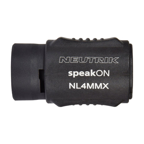 Neutrik NL4MMX 4-pole Speakon in-line coupler in black with twist-lock connector ends and ridged grip housing, shown against a plain white background.
