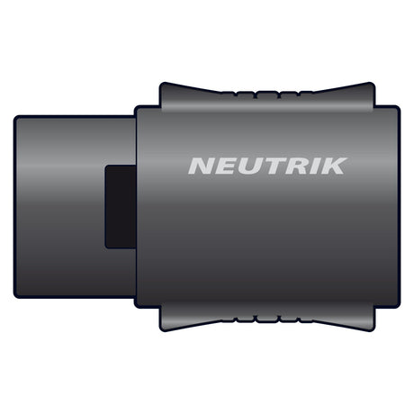 Illustration of a Neutrik NEUTRIK NL4MMX 4-Pole Speakon In-Line Coupler with a gray metallic exterior. The word Neutrik is printed on it. Features include its cylindrical shape and a lock mechanism on one side, designed for audio and lighting equipment connections.