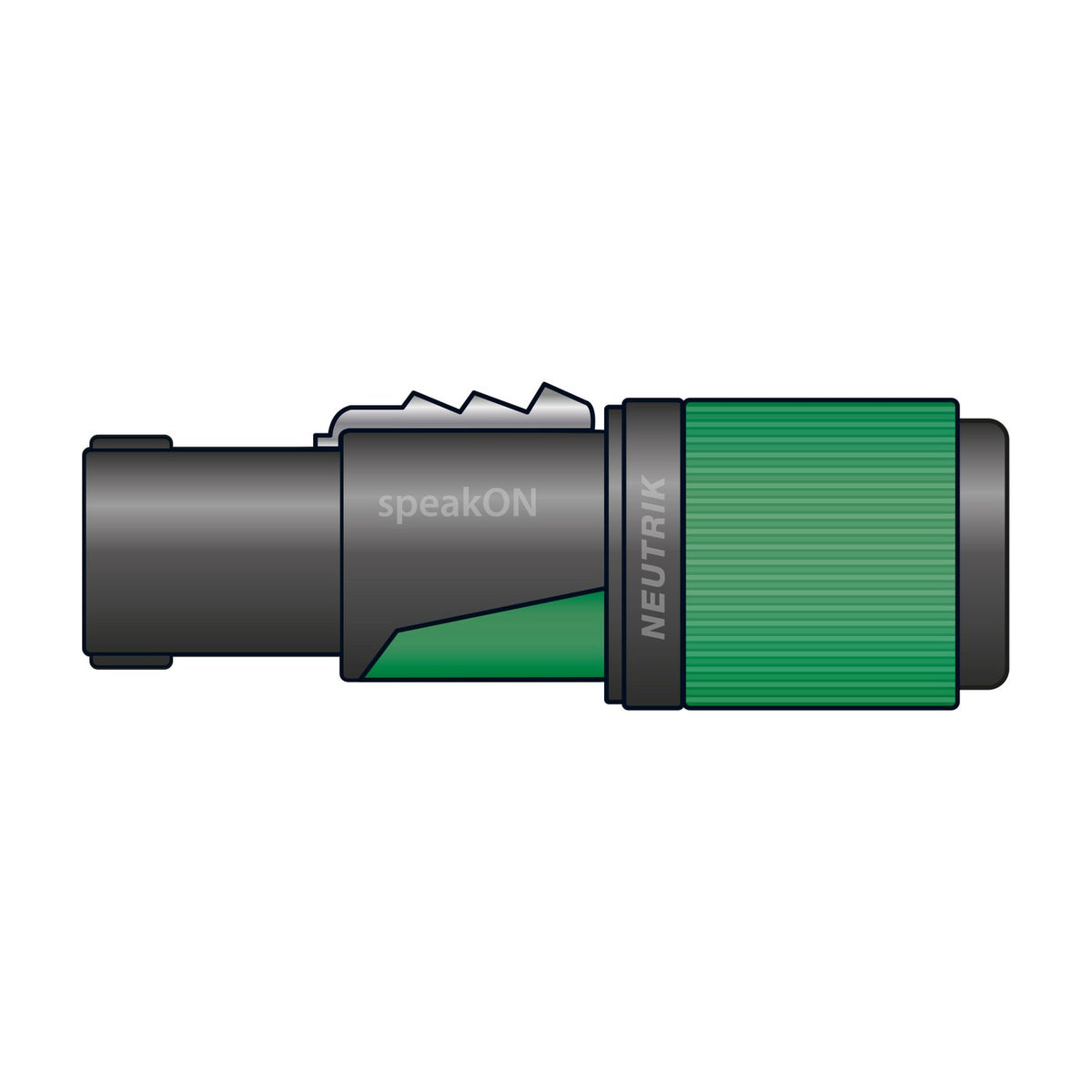 Neutrik NL4FXX-W-S 4-pole Speakon cable plug with grey housing and green twist-lock grip, shown side-on against a plain white background.
