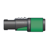 Neutrik NL4FXX-W-S 4-pole Speakon cable plug with grey housing and green twist-lock grip, shown side-on against a plain white background.