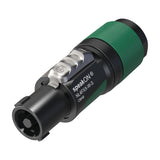 Neutrik NL4FXX-W-S 4-pole Speakon cable plug with black housing, green soft-touch grip and screw terminals, shown on a plain white background.
