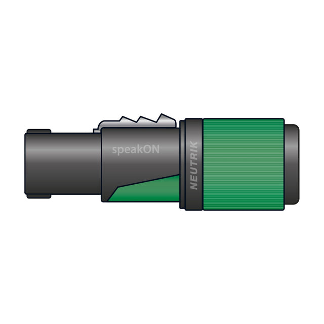 Neutrik NL4FXX-W-L 4-pole Speakon cable plug with black housing, green twist-lock collar, and chuck-type strain relief, shown on a plain white background.