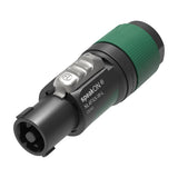 Neutrik NL4FXX-W-L 4-pole Speakon plug with green housing, black casing, metal locking latch, and chuck-type strain relief, shown on a white background.