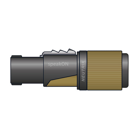 Neutrik NL2FXX-W-S 2-pole Speakon cable connector with black housing, screw terminals and gold-brown chuck strain relief, on a plain background.