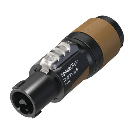 Neutrik NL2FXX-W-S 2-pole Speakon cable connector with black housing, brown rubberised grip section, and metal twist-lock latch on a white background.