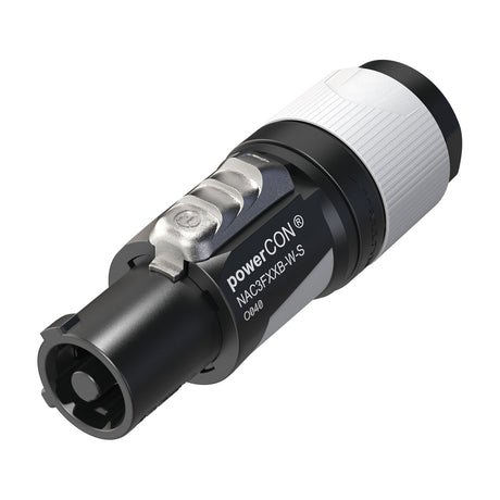 Neutrik NAC3FXXB-W-S PowerCon 20A power-out cable connector with grey locking housing and black keyed twist-lock end, shown on a plain white background.
