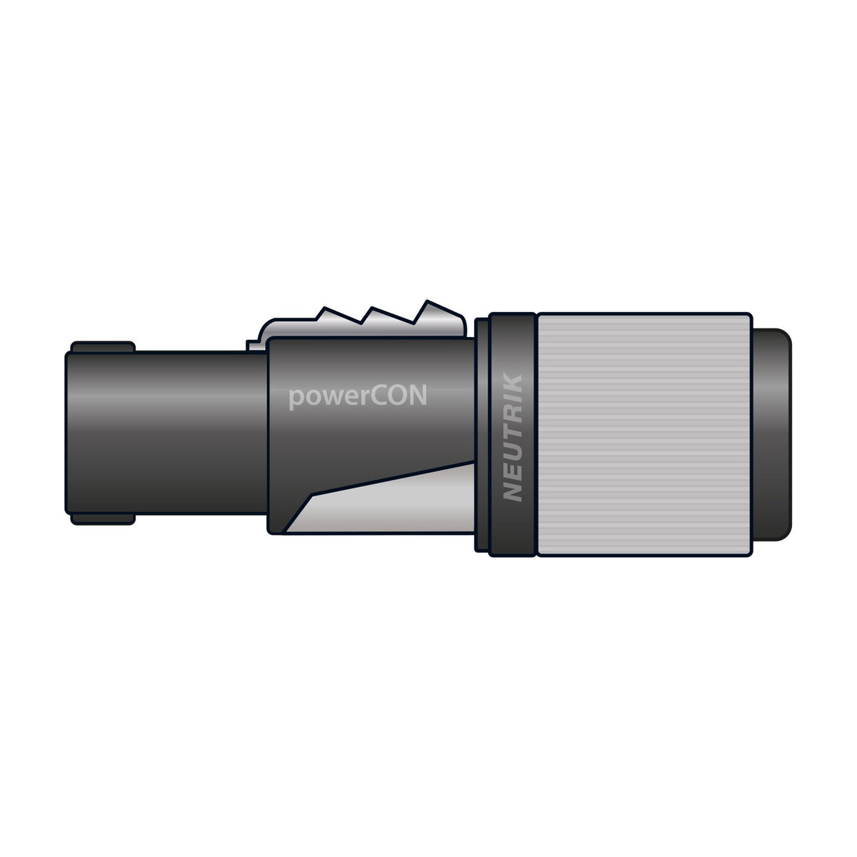 Neutrik NAC3FXXB-W-L powerCON locking cable connector with black housing, grey screw terminal barrel and twist-lock end, shown on a plain white background.