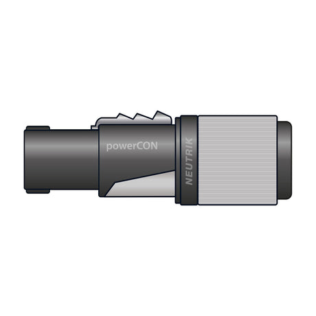 Neutrik NAC3FXXB-W-L powerCON locking cable connector with black housing, grey screw terminal barrel and twist-lock end, shown on a plain white background.