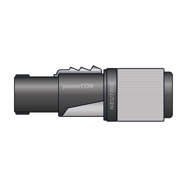 Neutrik NAC3FXXB-W-L powerCON locking cable connector with black housing, grey screw terminal barrel and twist-lock end, shown on a plain white background.