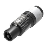 Neutrik NAC3FXXB-W-L Powercon locking connector with black housing, white ribbed rear collar and metal latch, shown on a plain white background.