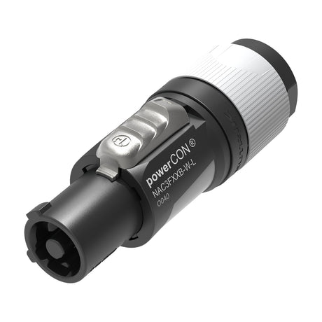 Neutrik NAC3FXXB-W-L Powercon locking connector with black housing, white ribbed rear collar and metal latch, shown on a plain white background.