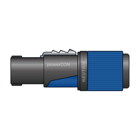 Neutrik Powercon screw-terminal cable connector with blue locking housing and black casing, shown side-on against a plain white background.