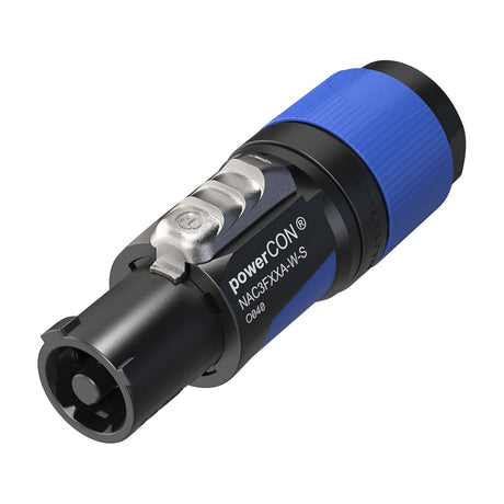Neutrik Powercon NAC3FXXA-W-S screw-terminal cable connector with blue locking collar and black housing, shown on a plain white background.
