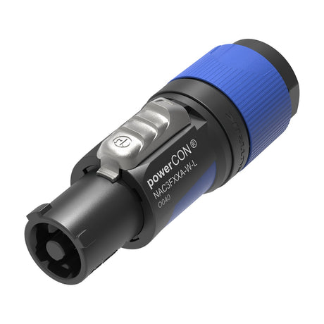 Neutrik NAC3FXXA-W-L Powercon locking AC mains cable connector with blue screw-terminal housing and black keyed connector end, shown on a white background.
