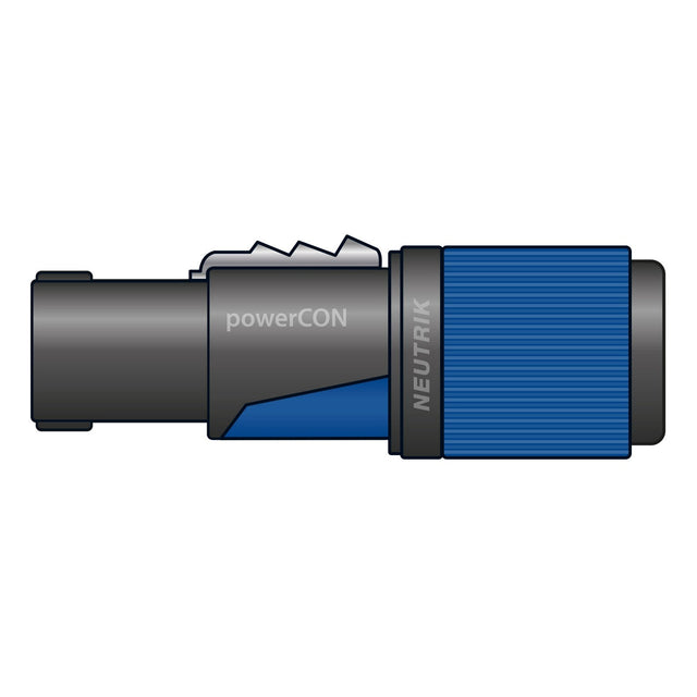 Illustration of the Neutrik NAC3FXXA-W-L Powercon, a lockable power connector. The cylindrical design features a striking blue and black color scheme, with "powerCON" and "NEUTRIK" elegantly printed on its side. This advanced power connector also includes circuit breaking capability for enhanced safety.