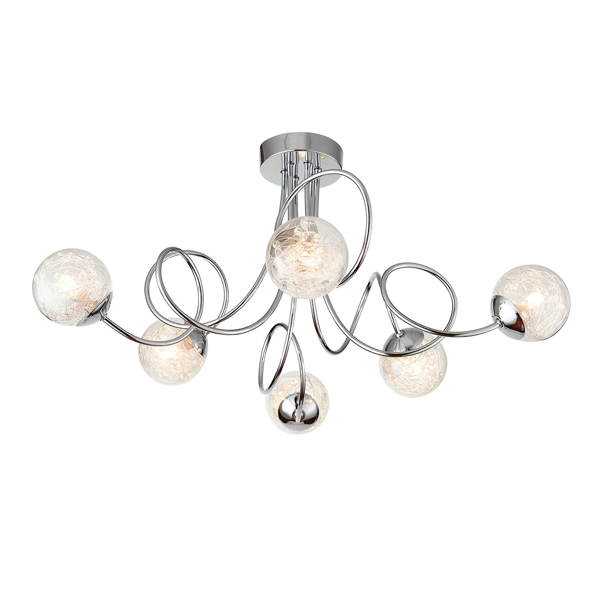 Endon Sabine 6 light semi-flush ceiling light in chrome with swirling steel arms and clear glass globes threaded with fine wire, on a white background.