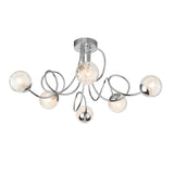 Endon Sabine 6 light semi-flush ceiling light in chrome with swirling steel arms and clear glass globes threaded with fine wire, on a white background.