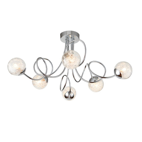 Endon Sabine 6 light semi-flush ceiling light in chrome with swirling steel arms and clear glass globes threaded with fine wire, on a white background.