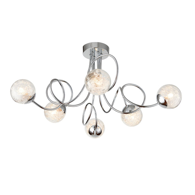 Endon Sabine 6 light semi-flush ceiling light in chrome with swirling steel arms and clear glass globes threaded with fine wire, on a white background.