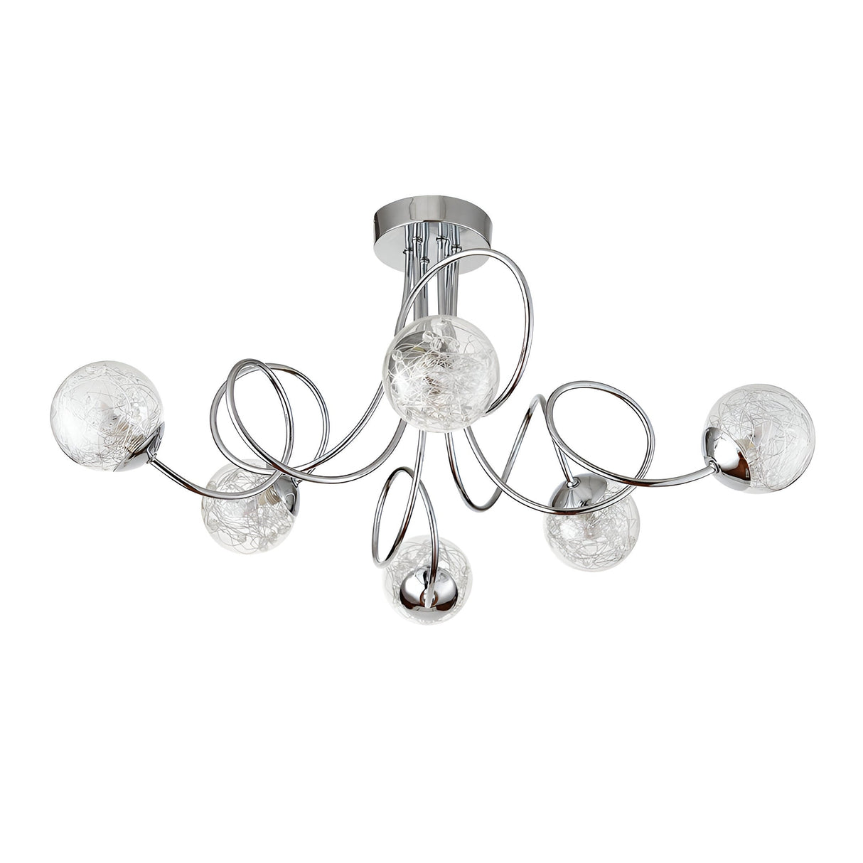 Endon Sabine 6 light semi-flush ceiling light in chrome with swirling steel arms and clear glass globes threaded with wire, on a white background.