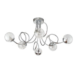 Endon Sabine 6 light semi-flush ceiling light in chrome with swirling steel arms and clear glass globes threaded with wire, on a white background.
