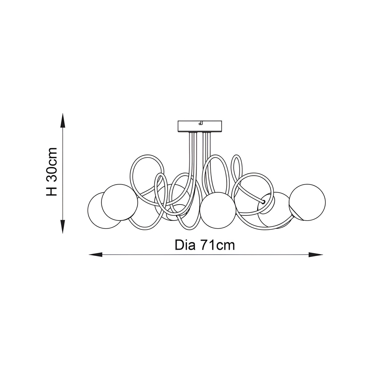 Dimension diagram of the Endon Sabine 6 Light Semi-Flush Ceiling Light in chrome, showing 71cm diameter and 30cm height on a white background.
