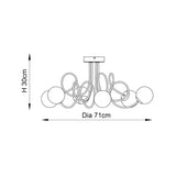 Dimension diagram of the Endon Sabine 6 Light Semi-Flush Ceiling Light in chrome, showing 71cm diameter and 30cm height on a white background.