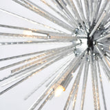 Close-up of Endon Caldleigh 9 light pendant showing textured polished chrome starburst rods radiating from a central chrome hub with G9 lamps.