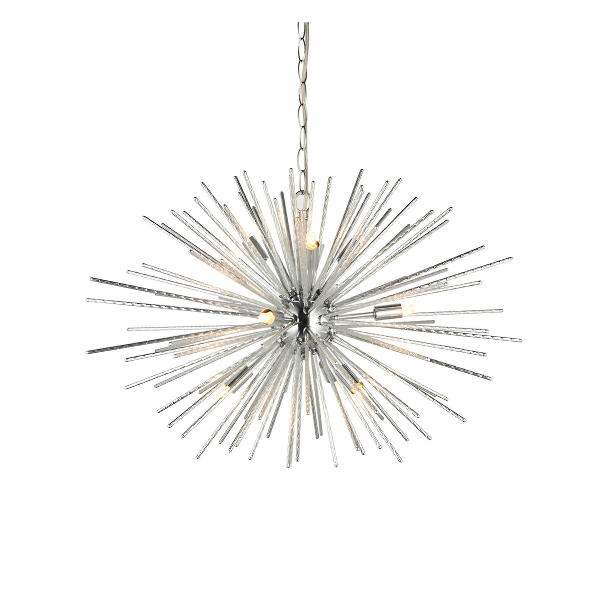 Endon Caldleigh 9 light pendant in polished chrome with textured starburst rods and G9 lamps, suspended from a chain on a white background.