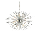 Endon Caldleigh 9 light pendant in polished chrome with textured starburst rods and G9 lamps, suspended from a chain on a white background.