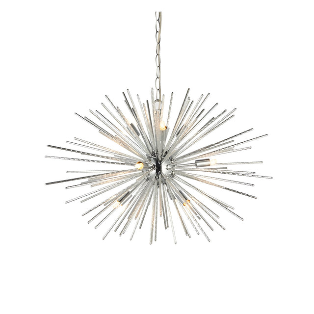 Endon Caldleigh 9 light pendant in polished chrome with textured starburst rods and G9 lamps, suspended from a chain on a white background.