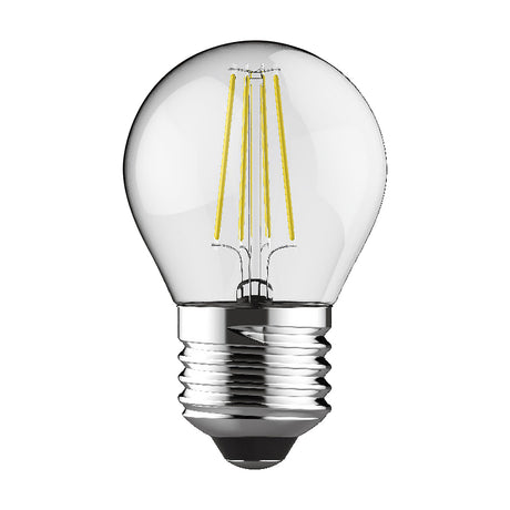 Clear E27 golf ball LED filament bulb with visible warm white filaments, 2W, 2700K, 45mm round shape, on a plain white background.
