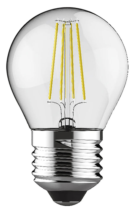 Clear golf ball LED filament bulb with E27 screw cap, visible warm white filaments, 2W 2700K 250lm, shown on a plain white background.