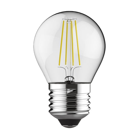 Clear E27 golf ball LED filament bulb with visible warm yellow filaments and chrome screw base, shown on a plain white background, 4W 2700K non-dimmable.