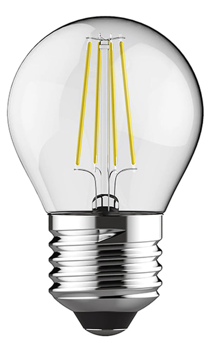 Clear glass E27 golf ball LED filament bulb with visible warm white filaments and chrome screw base, shown on a plain white background.