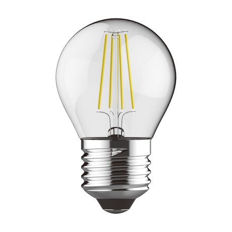 Clear glass E27 round ball bulb with visible LED filaments and chrome screw cap, shown on a plain white background, 6.5W warm white 2700K.