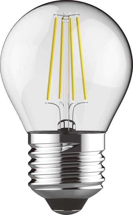 Value E27 6.5W LED filament bulb, 45mm clear glass round ball shape with visible yellow filaments and E27 screw cap, on a plain white background.