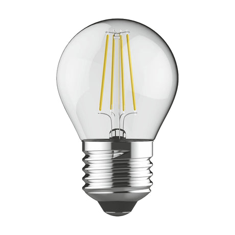 Round clear glass LED bulb with E27 screw cap and visible filament, 4W dimmable, 2700K warm white, shown on a plain white background.