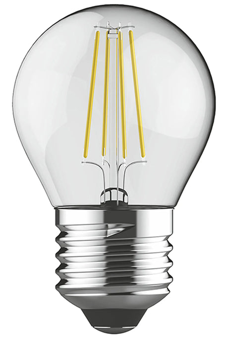 Clear round LED light bulb with visible filament strands and E27 screw cap, 4W dimmable, 45mm size, shown on a plain white background.