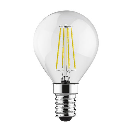 Round clear glass E14 filament bulb with visible warm-toned LED filaments and silver screw cap, shown on a plain white background.