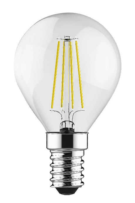Value E14 2W LED filament bulb, round clear glass envelope with visible warm white filaments, chrome E14 screw cap, on a plain white background.