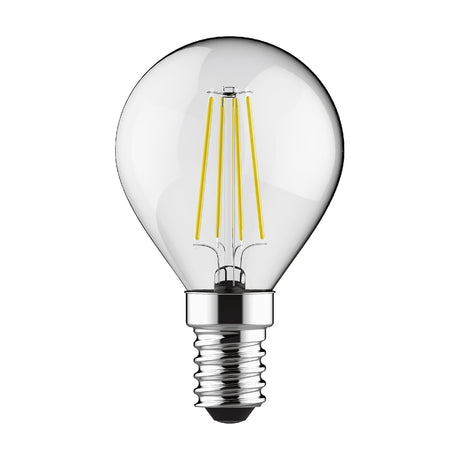 Clear golf ball LED bulb with visible filaments and E14 screw fitting, Value E14 4W 45mm 2700K 470lm, shown on a plain white background.